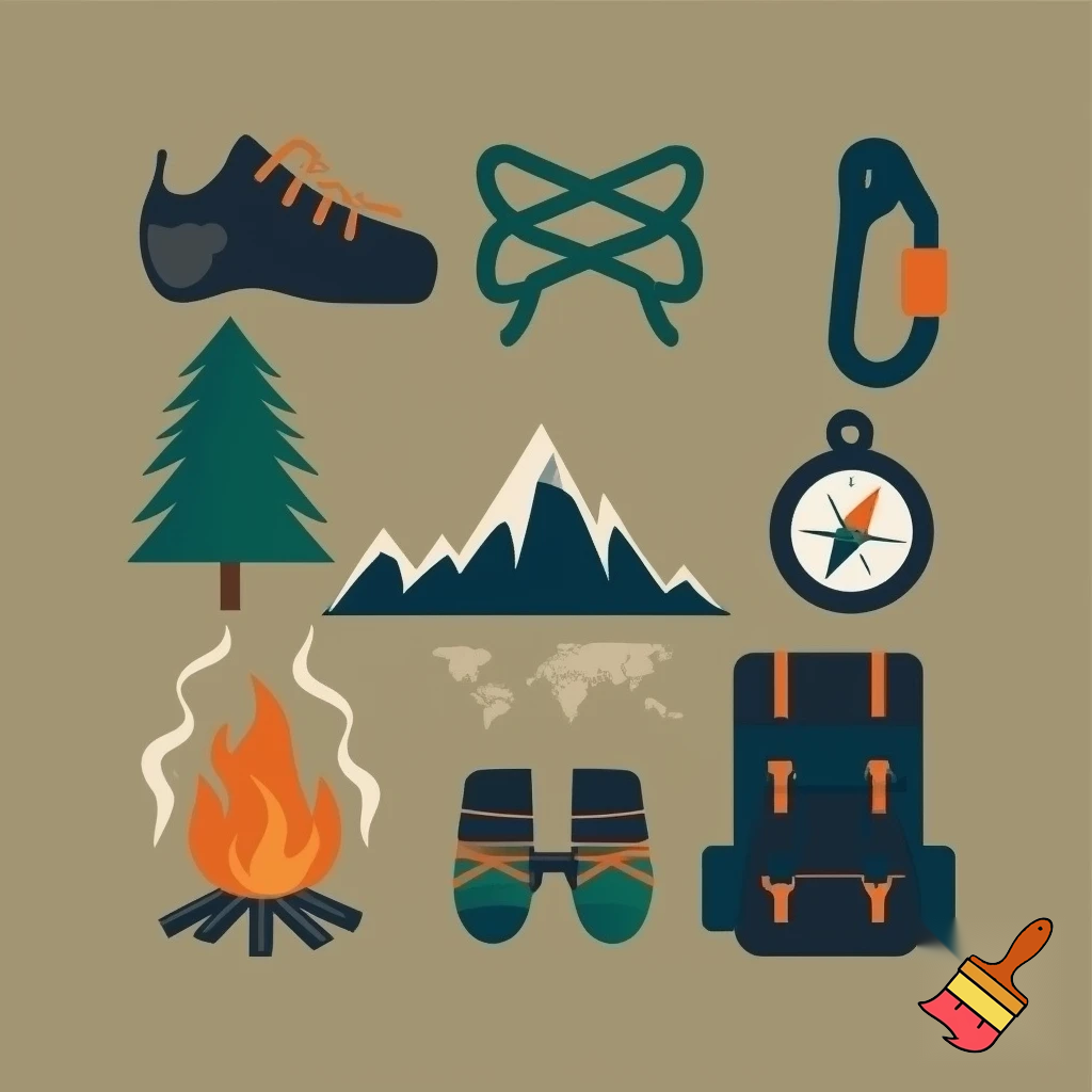 icons of : climbing shoe, figure 8 knot, fir tree, mountain, campfire, tent, carabiner, compass, backpack, world map, hiking shoe, binoculars