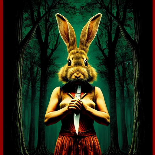 European rabbit, holding knife, dark forest, evil,
