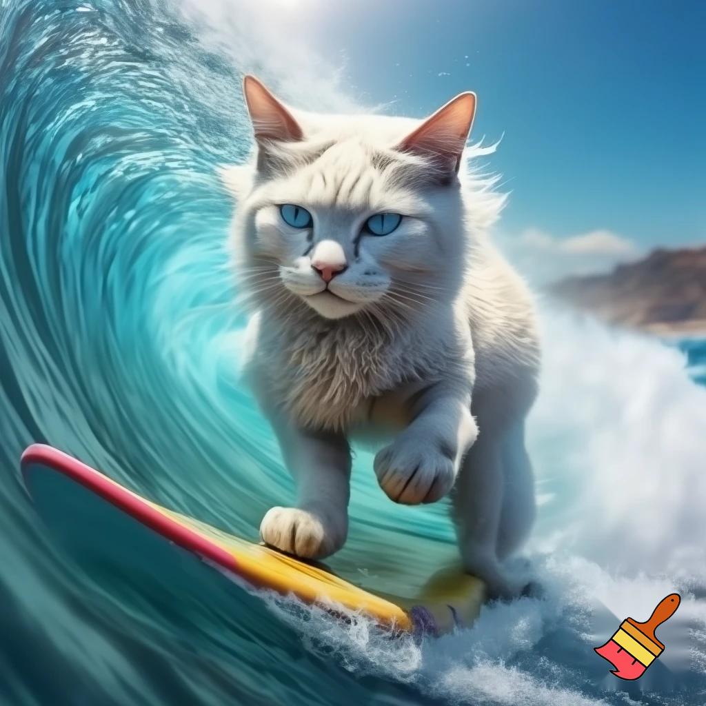 A white Turkish van cat riding a wave on a surfboard 