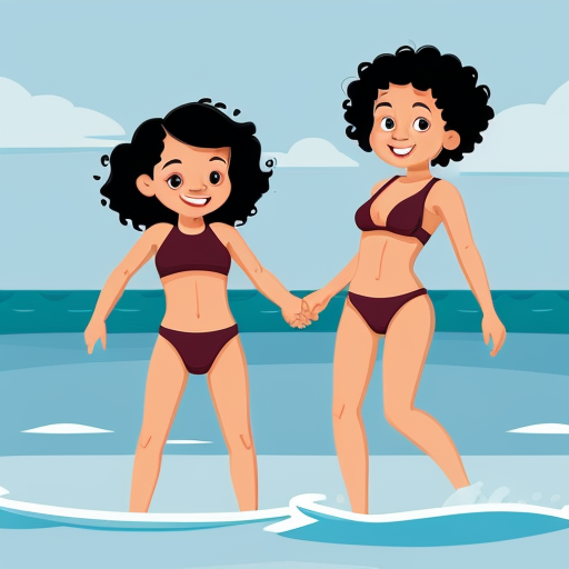 Two young small girls, one with dark skin, black curly hair and red two-piece swimsuit, and the other with light skin, blonde straight hair and blue two-piece swimsuit, they are playing in the sea, cartoon-style animation 