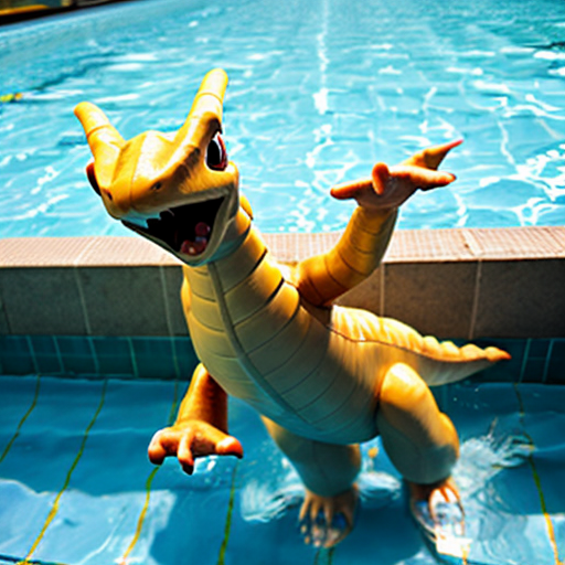A dragonite wearing a tight blue speedo, swimming in a pool