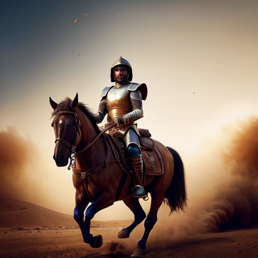 Rajput warrior on horseback, charging in desert storm, cinematic, intense mood, golden hour lighting, low angle shot, dust particles flying, ultra detailed armor, in style of Frank Frazetta --ar 16:9 --v 6