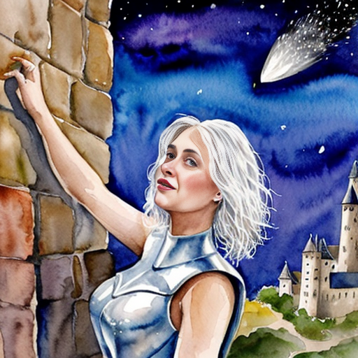 young tall white-haired woman in armor watches as meteors fall on the castle