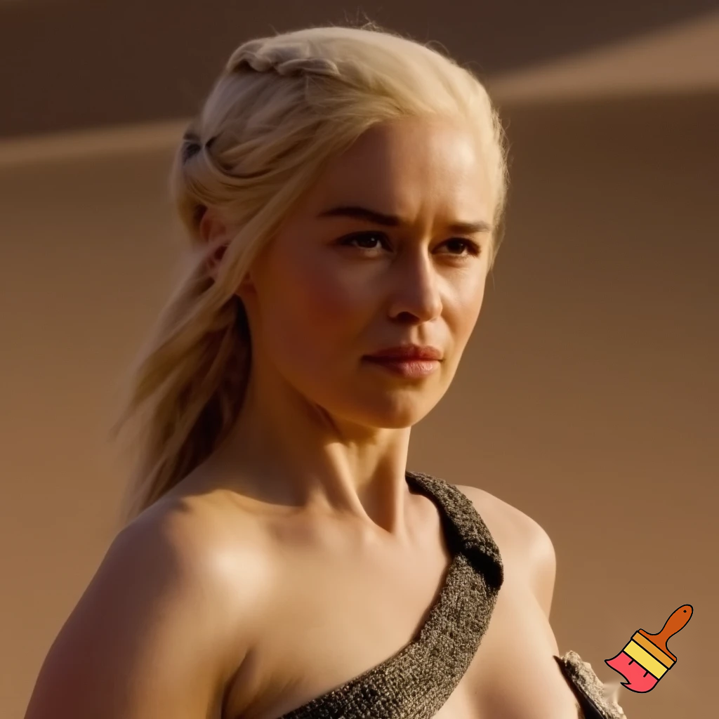Daenerys Targaryen and Cersei Lannister fighting in the desert , Cersei Lannister is under Daenerys and losing. Both are naked and all sweaty 
