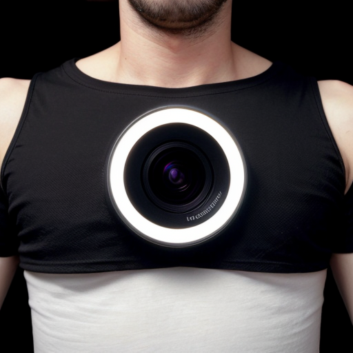 A hyper-realistic close-up macro shot of a man's chest wearing a heavy-gauge black cotton T-shirt. Centrally mounted on the chest is a small, square Insta360 GO Ultra camera. The T-shirt features a sophisticated "Tech-Noir" graphic design consisting of matte black 3D geometric shapes and circular mechanical patterns. The camera’s black lens is perfectly aligned with a circular element in the artwork, making the device appear as a functional sensor or a decorative rivet within the shirt's design. Cinematic side-lighting to emphasize fabric texture and the seamless integration of the device.