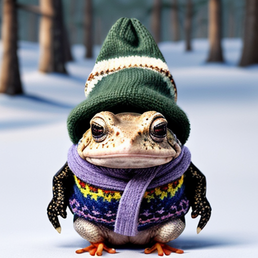 A laughable, puzzled animal toad in woolen, multicoloured winter clothings with woolen winter cap. Hyperrealistic art style.