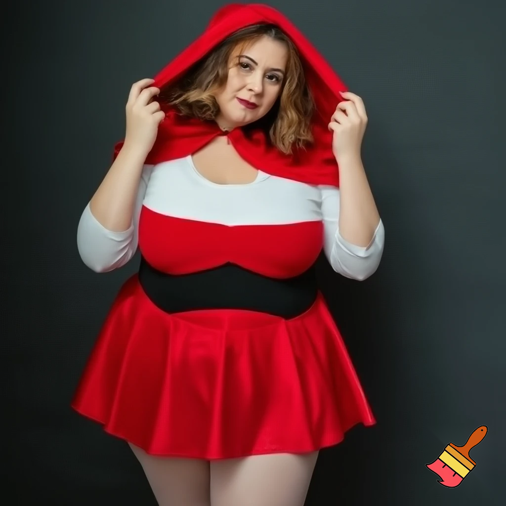 Elegant and curvy massive Little Red Riding Hood with miniskirt, transparent red pantyhose