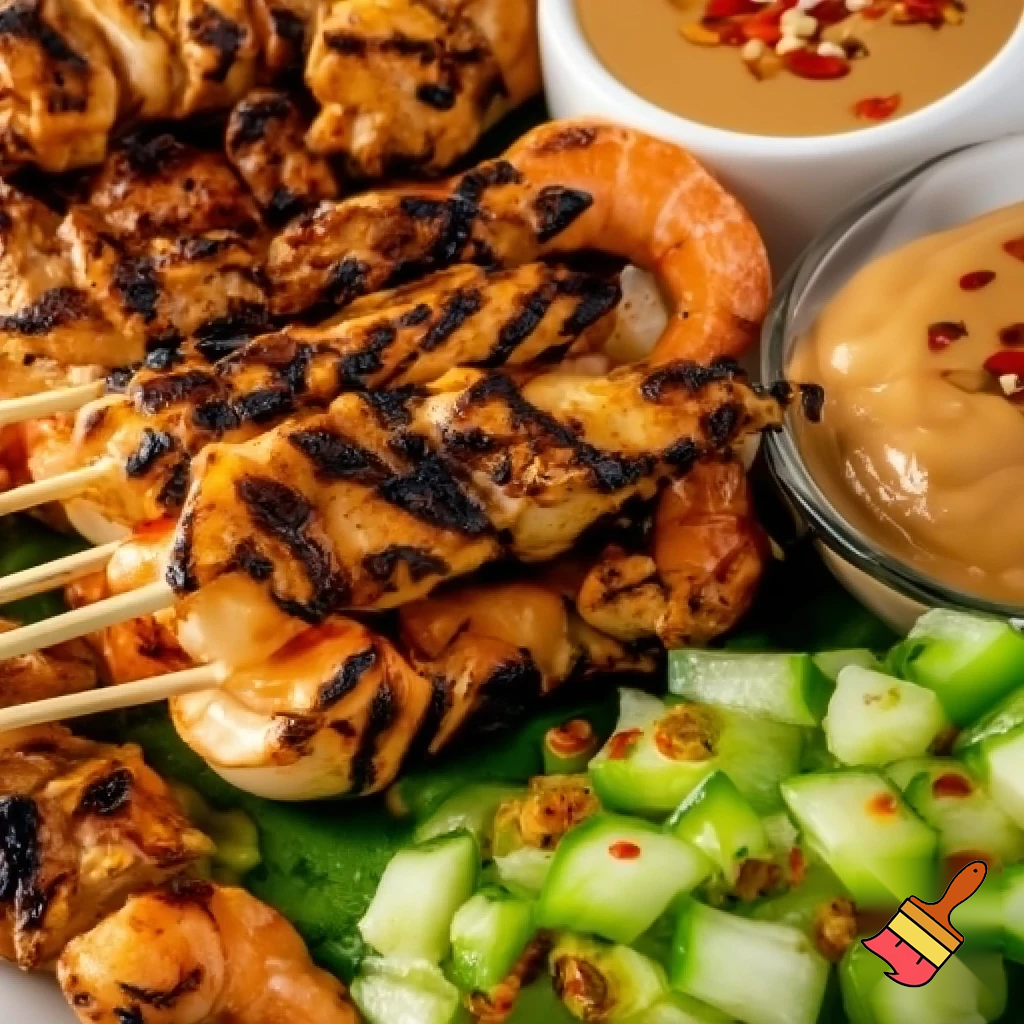 Grilled Chicken and Shrimp Satay with curried peanut sauce, chili garlic sauce, and spicy cucumber relish
