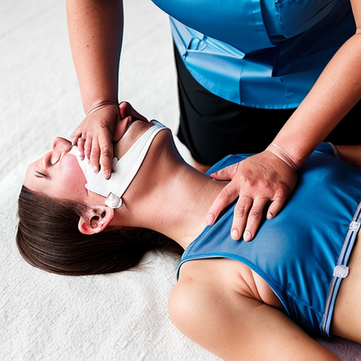 A woman lying unconscious on her back on the floor, wearing a white tank top and shorts, and a nurse performing CPR on her.