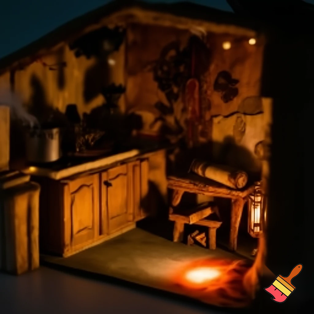 The inside of a small Christmas elf house. Visible chimney, kitchen, desk etc 