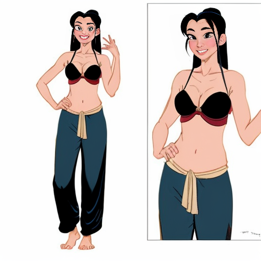 90's disney's 2d aladdin style comic dark blue background and panels of panel 1 Pocahontas barefoot with brown harem pants and bra with both hand palms place together and hiding the bottom of her mouth with a brown veil wrapped around her arms and attached to her head. 
panel 2 she danced with brown harem pants barefoot with brown bra and brown veil wrapped around her arms and shoulders and raising legs and 
panel 3 Pocahontas barefoot with brown harem pants and bra just bounced up and down her belly  and shook her hips left and right. 
panel 4 as Pocahontas barefoot with brown harem pants and bra spreading her arms, happily revealing her face to the viewer and giving a smile as she turns around shook her butt left and right. 
Panel 5 Pocahontas barefoot with brown harem pants and bra started to fading away , except her belly, which is bouncing around. 
Panel 6 then the ball transforms into the fading in belly of mulan  with red harem pants and red bra and red curved slippers with a  red veil wrapped around her arms and shoulders with her swaying her hips. 
Panel 7 mulan with red harem pants, red bra and red curved slippers and with a red veil wrapped around her arms and shoulders and with her hand palms place together between her chest and she gives a smile and winking her left eye. 
