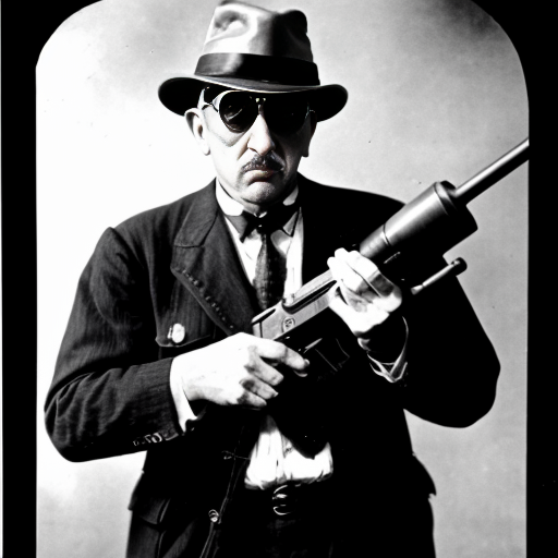 a picture of al copone  with a tommy gun in the 20s looking like a gangster
