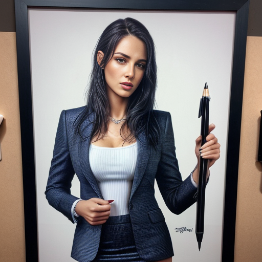 strict, tall lady, black hair, pale skin, black eyes, formal dark-blue miniskirt suit, realistic photo, kindly extending a pen