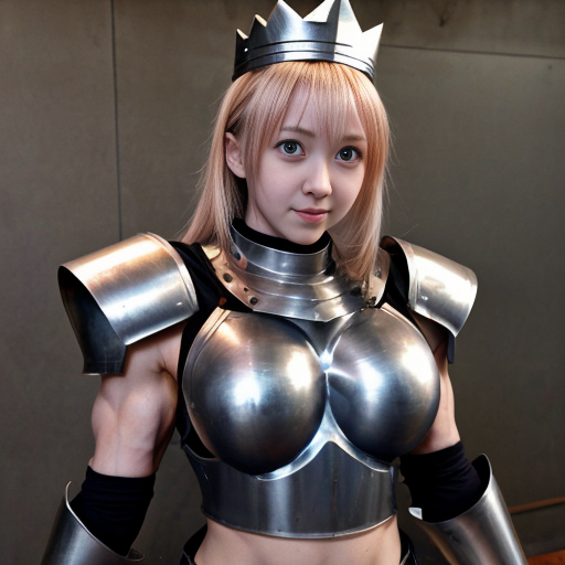 cute anime girl, huge muscles, she is a knight, she wears metal gauntlets, metal greaves and shoulder pads, she has a breastplate, her defined abs are exposed as well her upper arms, she has a tiara that has crown features
