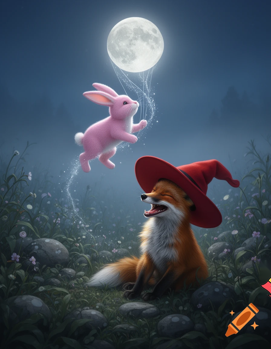 then the magic drag the pink rabbit to the moon well the fox with a red hat lafing at her
