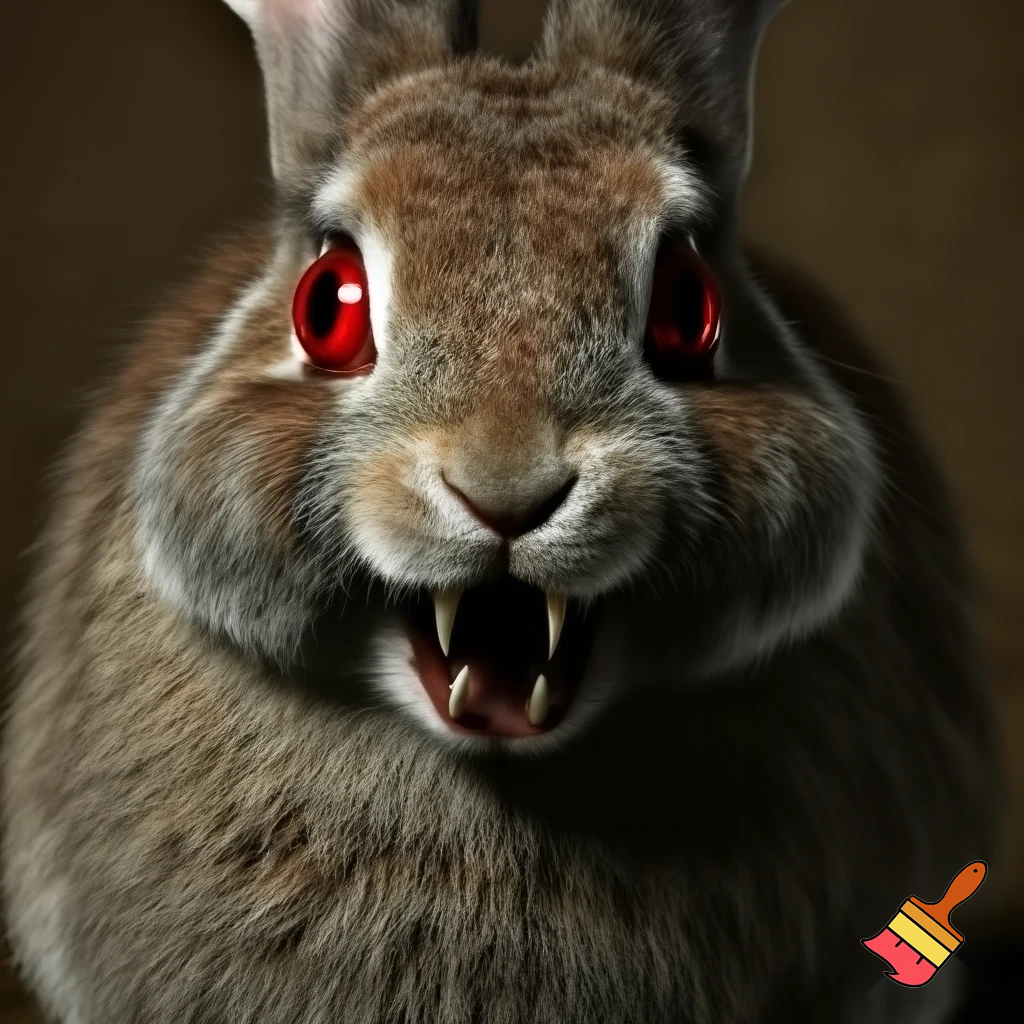 European rabbit red glaring eyes sharp teeth and fur holding a sign angry face firce