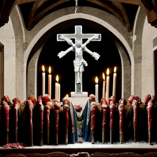 a vast, cathedral-like Vatican slaughterhouse where the sacred and the profane collide under vaulted ceilings adorned with frescoes of angels holding cleavers. Dozens of naked, headless corpses hang from meathooks in neat rows like perverse rosary beads, their skin marked with ritualistic carvings and wax-drip sealant from extinguished candles. Robed priests with blood-smeared faces oversee the operation, chanting Latin blessings while workers in biohazard suits methodically dismember carcasses on stainless steel altars, their visors fogged with condensation. The floor glistens with a slick of crimson and holy water, drains clogged with chunks of fat and discarded sacramental wafers. Along the far wall, conveyor belts transport shrink-wrapped cuts of human meat stamped with papal seals toward an industrial freezer humming beside a reliquary filled with finger bones and teeth. A single stained-glass window casts prismatic light across the scene, depicting St. Peter handing Christ a butcher’s apron