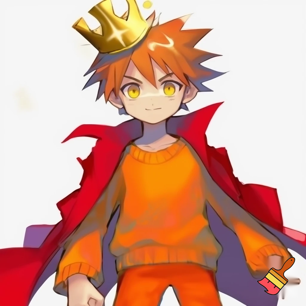 Un chico Anime 2000s Pelo naranja ojos negros corona de rey amarilla sueter naranja pantalones naranjas y capa rojade rey estrella joven en un fondo blanco.