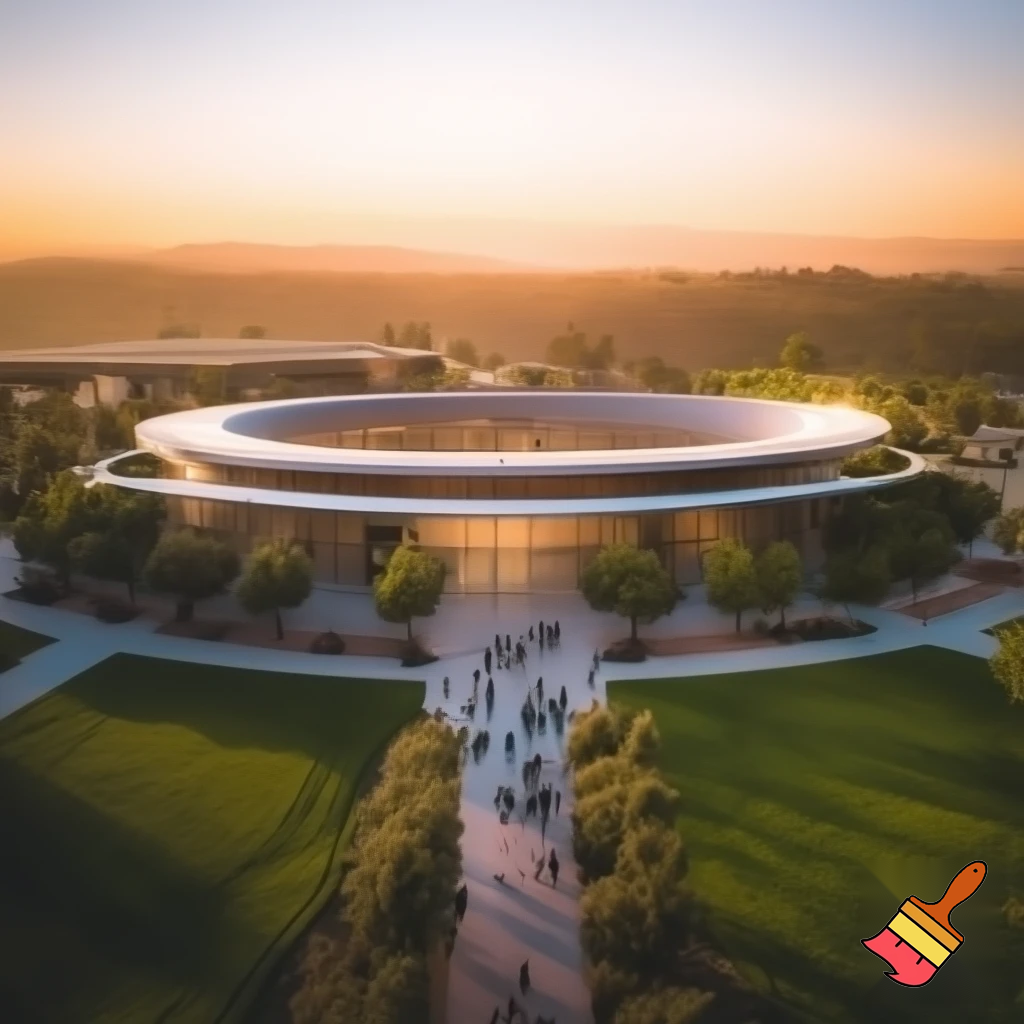 Wide cinematic shot of Apple Park in Cupertino at sunrise — the massive circular glass structure glows in golden light, surrounded by manicured green lawns. A drone view captures employees walking with sleek laptops, wearing minimalistic formal outfits in neutral tones. The atmosphere is calm yet charged with purpose, evoking the quiet intensity of a trillion-dollar empire at work.