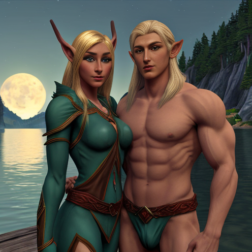 Two male elves leaning into each other's sides, standing naked in a forest lake.  The first elf is on the left.  He is a night elf with broad shoulders, well-defined pecs abs and obliques, and a narrow waist that gives his torso a V-shape.  Overall, he has the build of a buff swimmer (rather than that of a bodybuilder).  His skin is medium-light blue, and his hair and eyebrows are bright cyan.  He appears to be in his mid-30s.  The second elf is on the right.  He is a blood elf with a build that is still muscular, but more lithe and less defined than the night elf.  The blood elf has lightly-tanned skin with blond hair and eyebrows.  He appears to be in his late 20s.  The night elf stands head and shoulders above the blood elf, and the blood elf is resting his head on the night elf's prominent pec.  The night elf has his inner arm around the blood elf with his hand resting on the blood elf's right shoulder.  The blood elf has his inner behind the night eld with his hand resting on the night elf's left oblique.  Both characters have their outer arms resting at their sides with their hands in the water.  The lake is in lush, moonlit woods.  The waters of the lake stop below the night elf's hips, just above his genitalia.  Both elves have shoulder-length hair that falls behind their shoulders.  Both elves have their eyes close.  Both elves are completely nude.  Both elves look alluring and sexy.