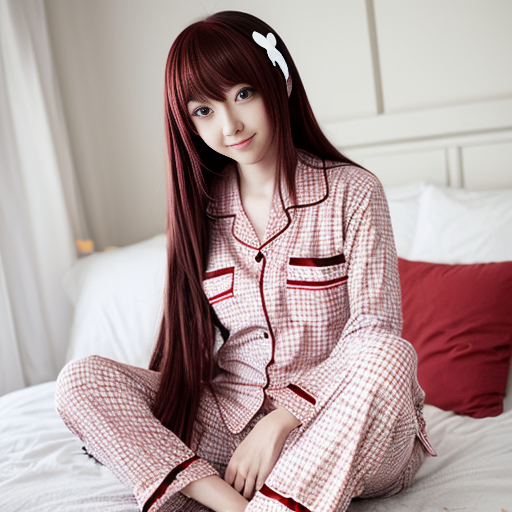 a anime girl with red plaid red and black pajamas and white shirt


