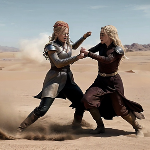 Daenerys Targaryen and Cersei Lannister fighting in the desert , Cersei Lannister is under Daenerys and losing. Both are naked and all sweaty 
