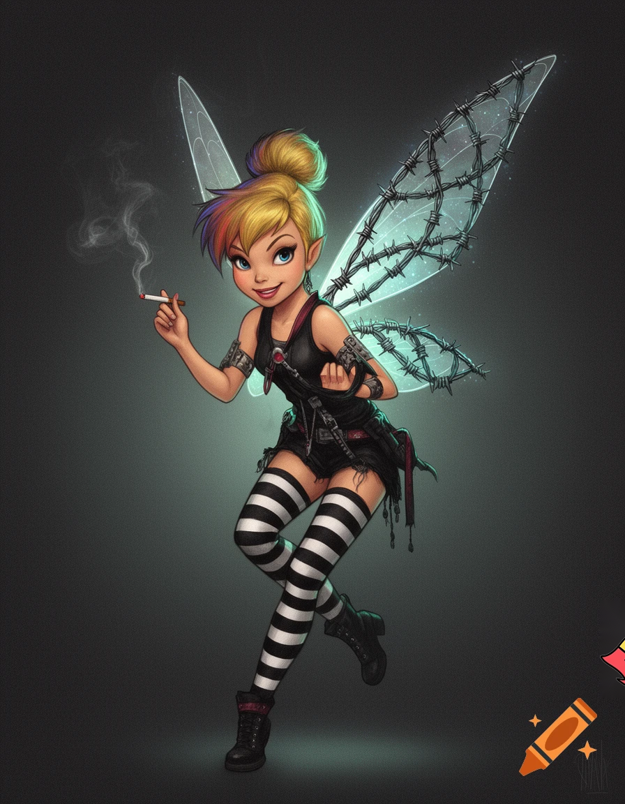 Disney style Tinkerbell, punk rock, thigh high socks black white striped, barbed wire wings, smoking a cigarette 