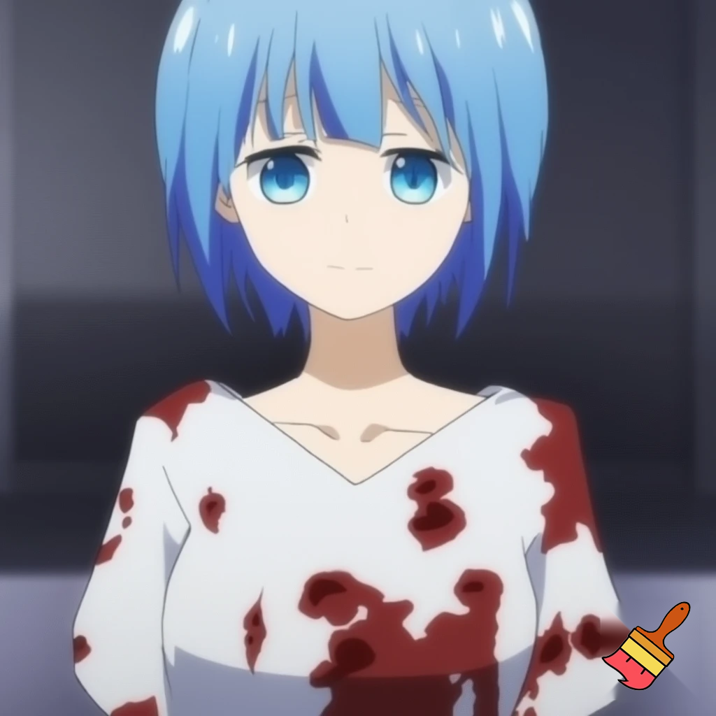 An innocent busty anime woman with short blue hair and blue eyes wearing a bloody hospital gown