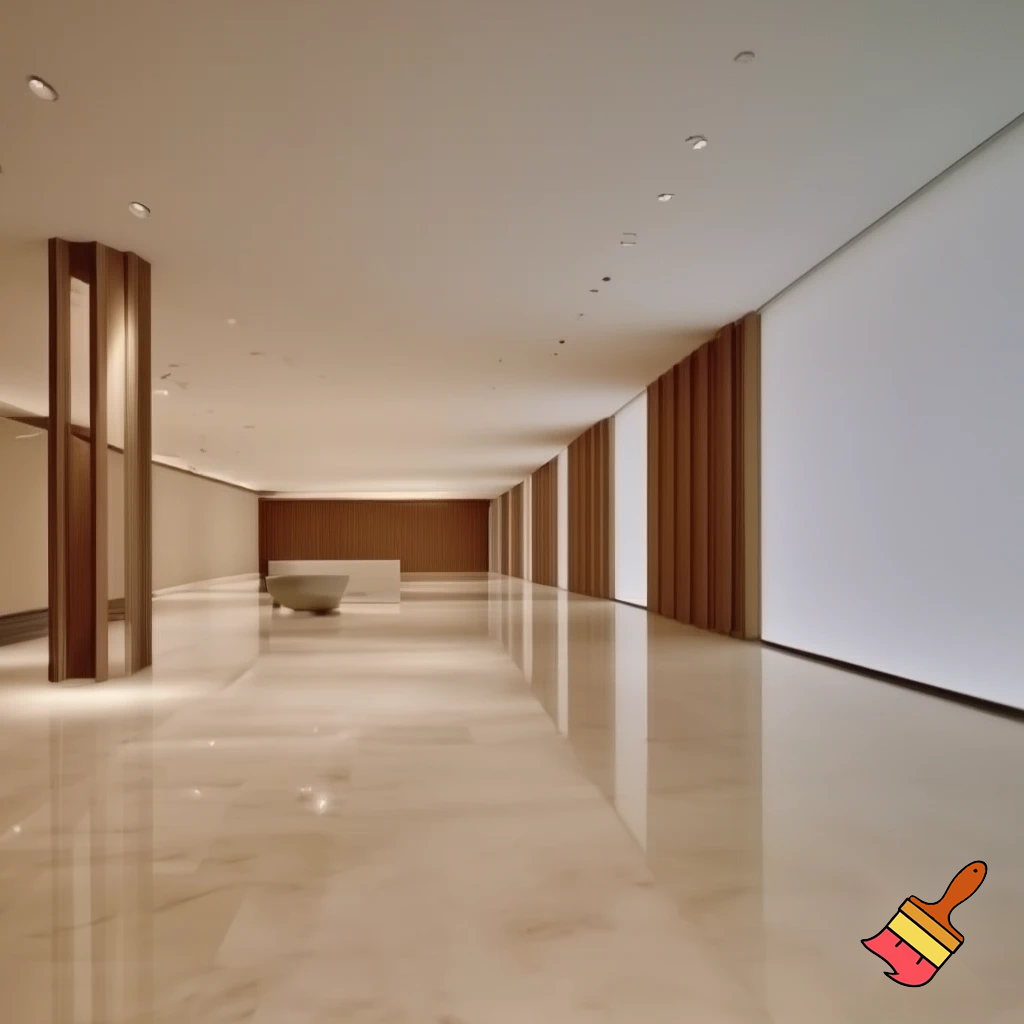 Wide rectangular exhibition hall with a modern and minimalist design, oriented horizontally. The space features polished beige marble flooring that softly reflects light, enhancing a sense of openness and luxury. Smooth neutral-toned walls are complemented by natural wood details on columns, wall panels, and trims. Warm recessed ceiling lights and spotlights illuminate the exhibits, creating a welcoming atmosphere.  The room is elegantly proportioned — wider than it is tall — with contemporary furniture and a refined, serene aesthetic.