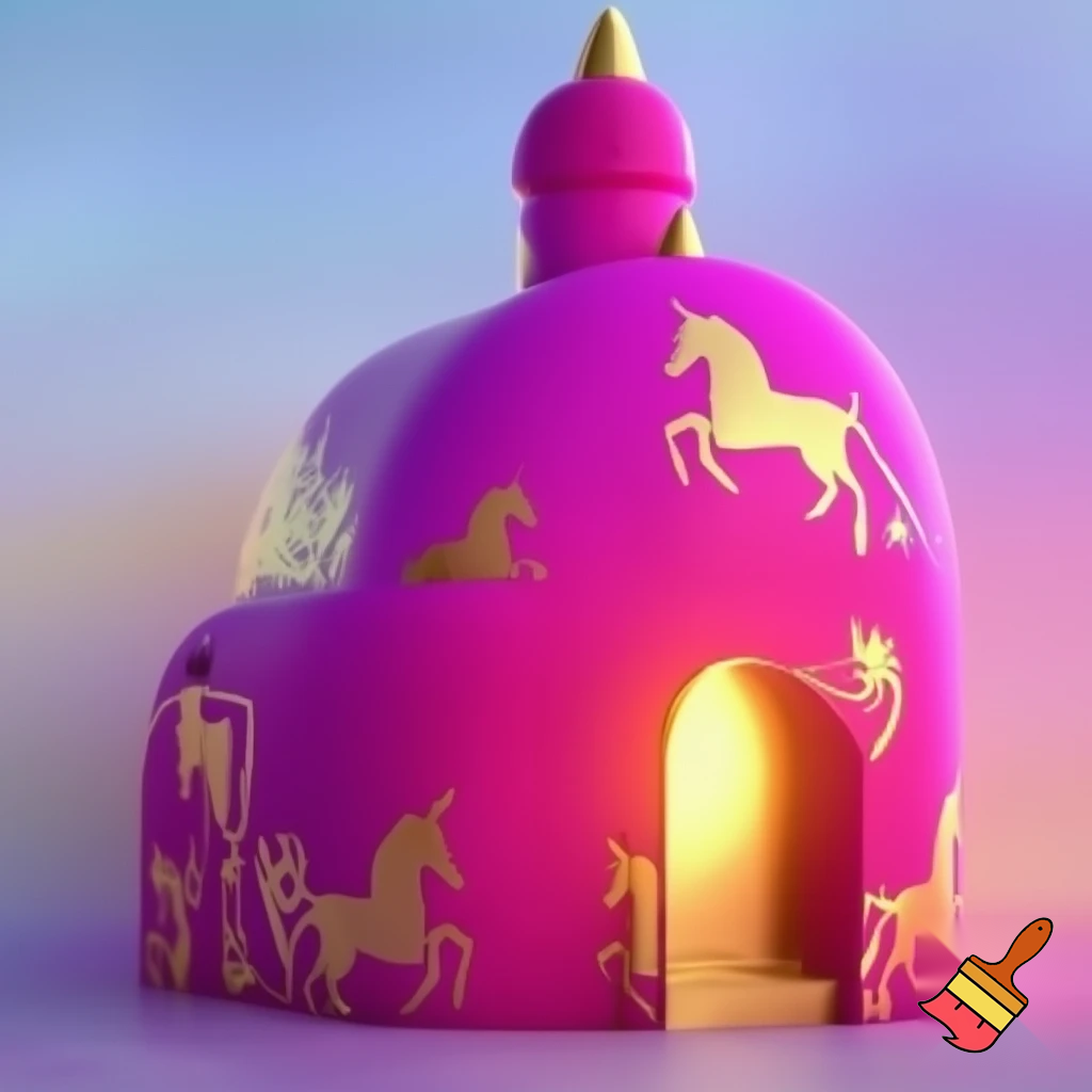 building with walls painted bright pink and magenta with golden unicorn motifs 