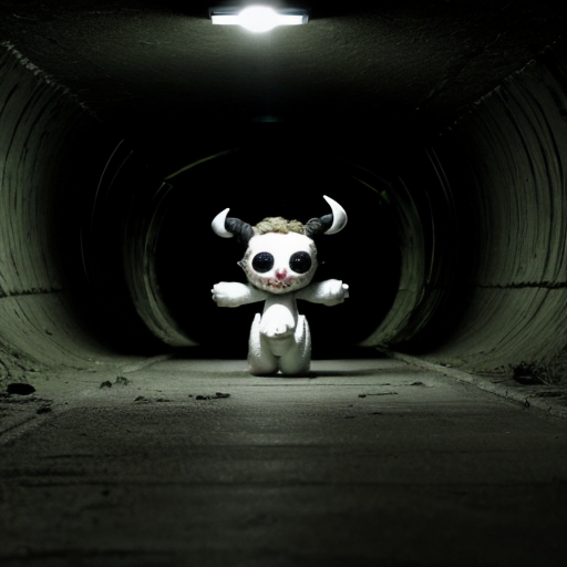 A 9:16 aspect ratio pic of 
Photorealistic found-footage flash photography of three uncanny puppets in a dark concrete tunnel. Left: furry grinning demon with horns. Center: pale, blank-faced puppet in an oversized white military cap. Right: tall, grinning white puppet with hollow black eyes and a propeller beanie. Analog horror, heavy VHS grain, harsh camera flash, eerie green-blue tint, macabre, liminal space.