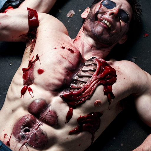 A corpse shirtless man, died, face are hiding by shirt with cut eye part (not eye human), eye closed, chest fully opened wounded circle on center and torn apart skin, blood everywhere. Gibs and ribs (from chest bone) everywhere and broke, organs piece by piece.