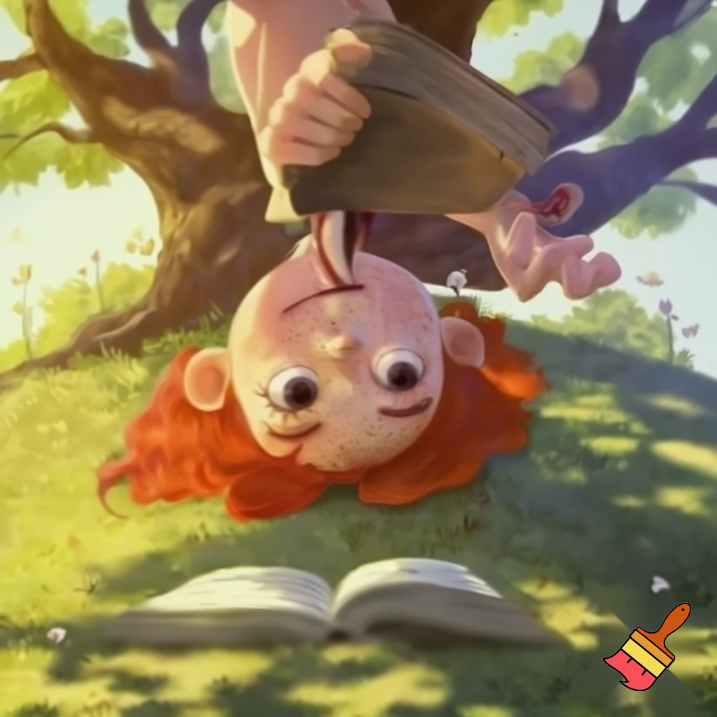 Red head 11 year old eating worms while reading a book upsidedown