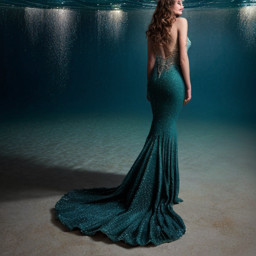 Cinderella’s gown flows like the waves of the sea, shimmering with deep ocean hues, and her hair cascades like seaweed, adorned with starfish and pearls with dark blue and green mermaid scale gown


