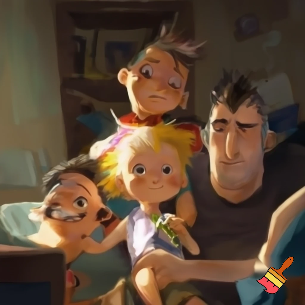 Family of four with a young girl with blonde about five years old, a boy about ten years old with a Mohawk, a mum with messy hair, and a dad whose always serious with patchy hair

