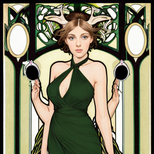 40 year old attractive olive skinned woman with the legs of a deer with hooves instead of human legs, yellow eye color with horizontal rectangular pupils,black mascara, green slightly sheer dress, forest setting mucha art style