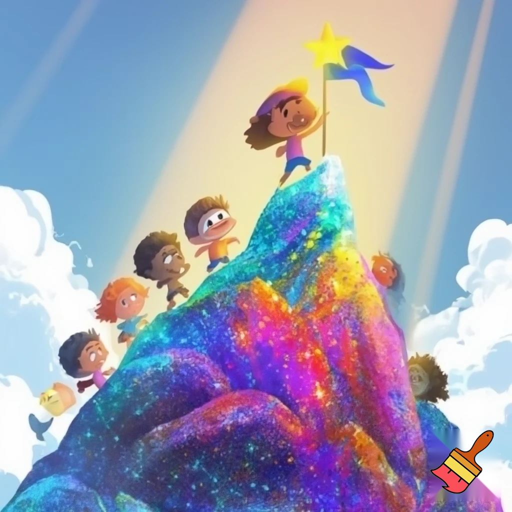 A vibrant, cheerful illustration of a diverse group of kids climbing a colorful, sparkling mountain. One child is at the top, planting a flag shaped like a star