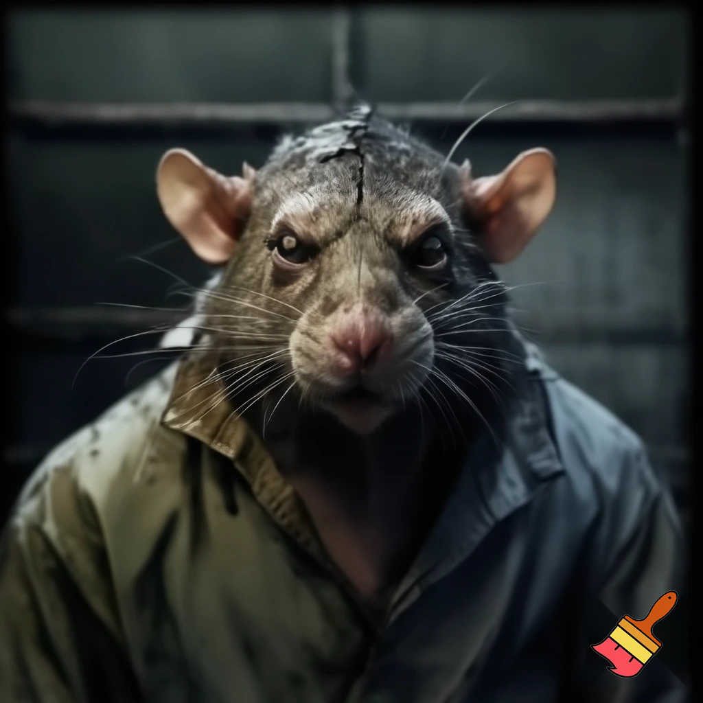 strong rat, evil, sinister, wearing prison outfit, mugshot style, no human
