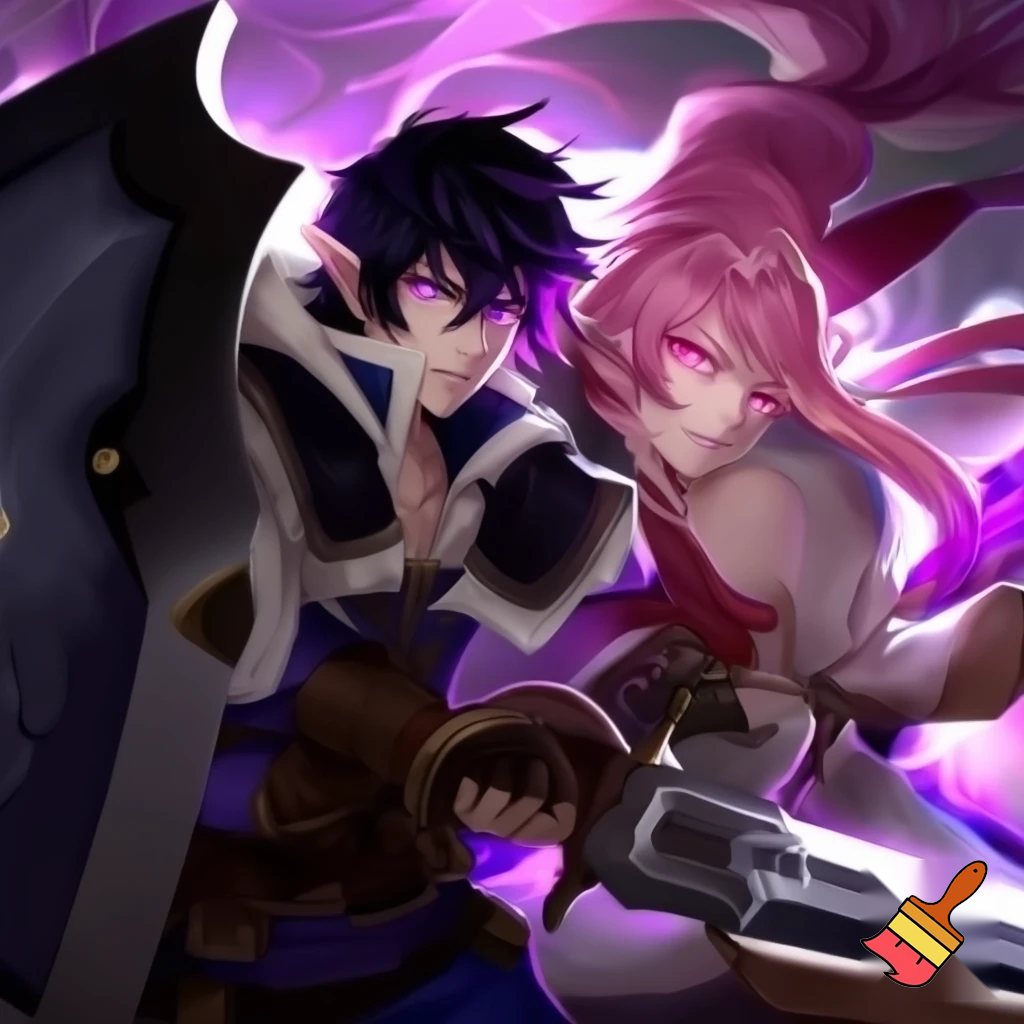 Anime boy, emo, black and purple streaks in hair, elf ears, glowing purple eyes. Anime girl with pink long hair and curves, pink eyes. two people. in a pose. anime Rising Shield hero Style. the Male holding his Shield. the girl holding the Sword. 
