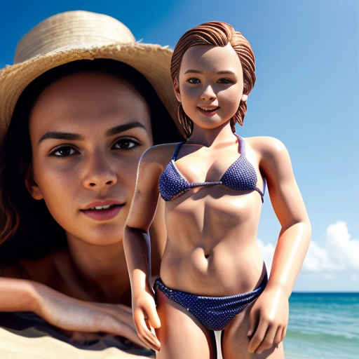A 50ft woman on a beach with a mini bikini and a big bust holding a tiny man