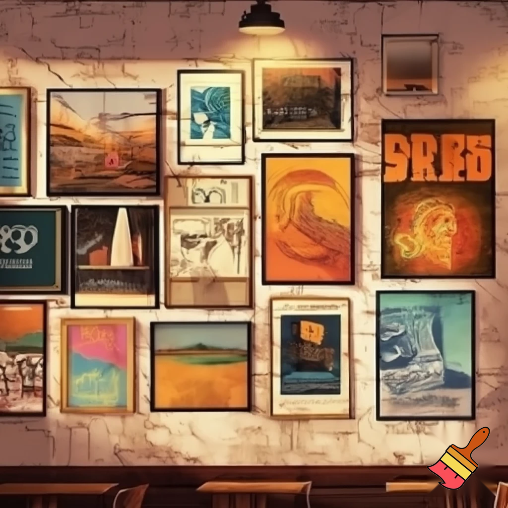 cute cafe wall with posters on it