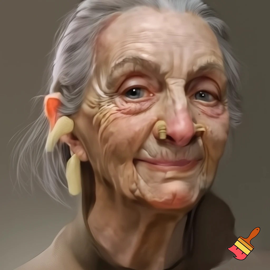 Draw an old lady with earplugs in her nostrils