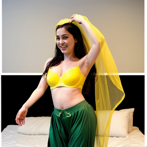 90's disney's 2d aladdin style comic black background and panels of panel 1 tiana with dark green harem pants and bra and curved slippers with both hand palms place together and hiding the bottom of her mouth with a dark green veil wrapped around her arms and attached to her head. 
panel 2 she danced with dark green harem pants barefoot with dark green bra and dark green curved slippers dark green veil wrapped around her arms and shoulders and raising legs and bounced up and down her belly and shook her hips left and right. 
panel 3 as tiana with dark green harem pants and bra and dark green curved slippers and spreading her arms, happily revealing her face to the viewer and giving a smile as she turns around shook her butt left and right. 
Panel 4 as tiana  with dark green harem pants and bra and dark green curved slippers started to fading away , except her belly, which is bouncing around. 
Panel 5 then the ball transforms into the fading in belly of snow white  with yellow harem pants and yellow bra and yellow curved slippers and a yellow veil wrapped around her arms and shoulders with her swaying her hips. 
Panel 6 snow white  with yellow harem pants, yellow bra, yellow curved slippers and yellow veil wrapped around her arms and shoulders gives a smile and winking her left eye 