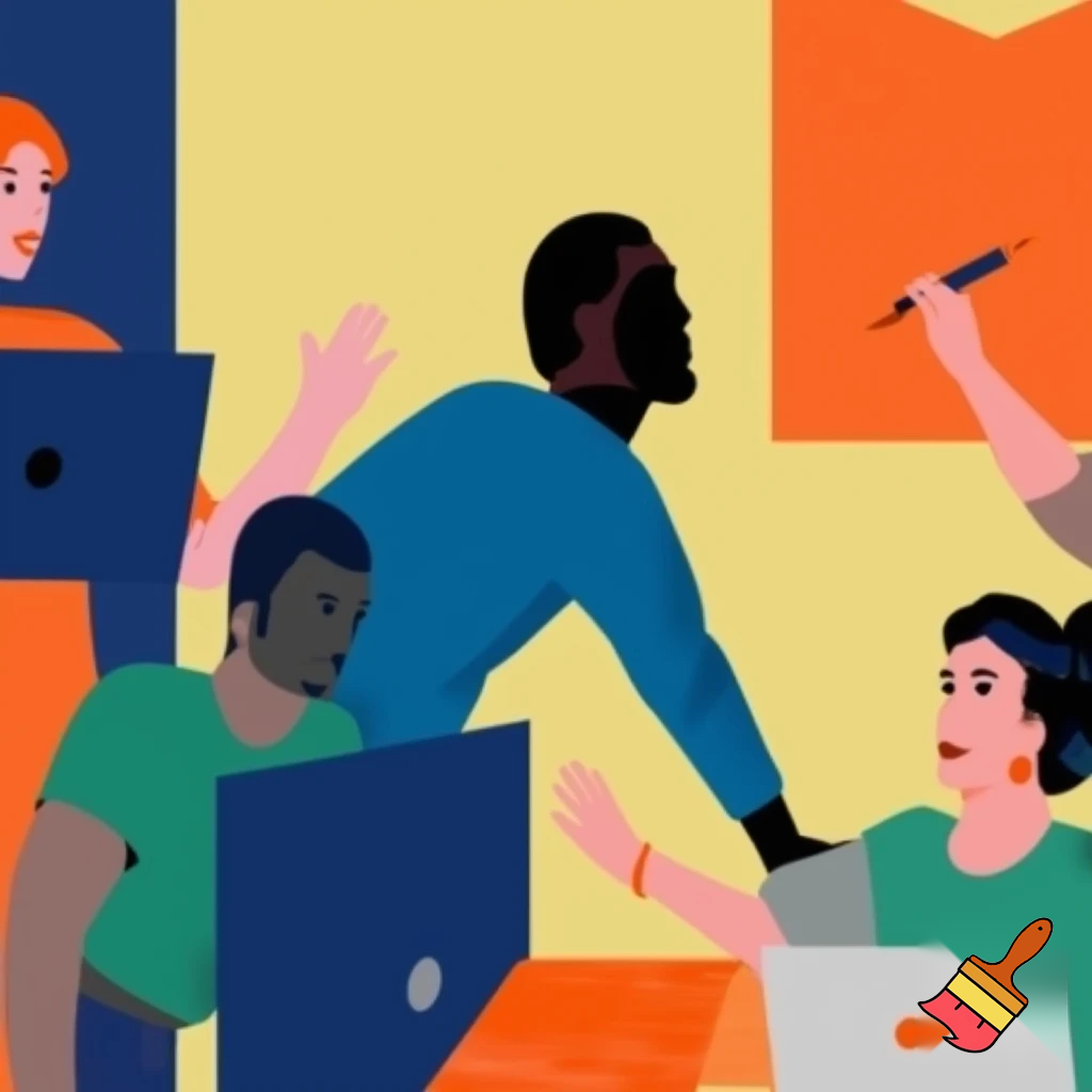 Can you generate an artwork of a team (10 people) that works with data facing challenges and taking decisions?