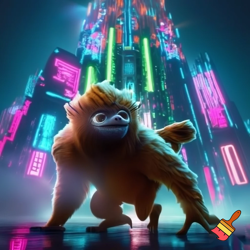 Labubu pay gorn with neon lights skyscraper