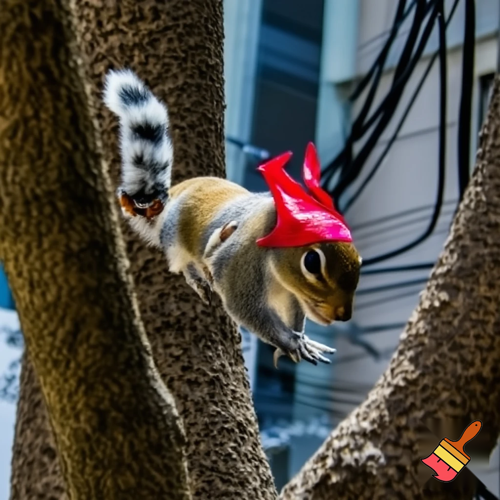 “Ardilla ágil llamada NuezNinja, con cola esponjosa de franjas plateadas, ojos brillantes y una bandana roja deshilachada. Está en un entorno urbano con árboles y cables eléctricos, saltando acrobáticamente entre ramas. Lleva un cinturón con pequeñas nueces especiales. Estilo dinámico, colorido, con sensación de movimiento y energía ninja.”
