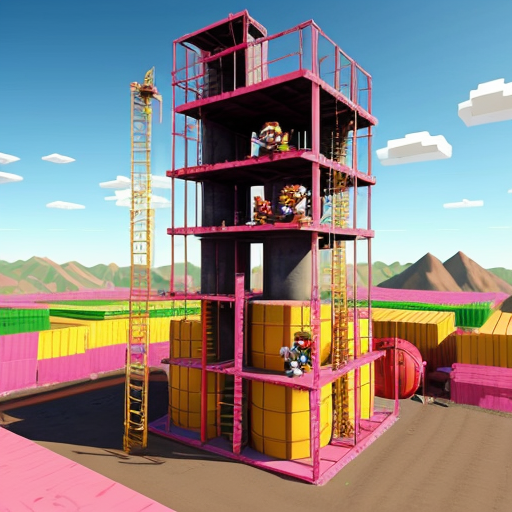a pink construction site with a bunch of tilted pink layers with blue ladders going to each one and at the top there's donkey kong and at the middle a mario with red overalls and and a blue shirt and there's barrels on the tilted pink layers, make it all 8 bit