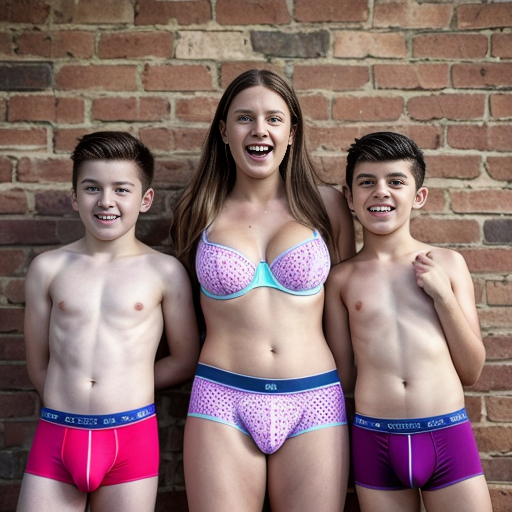 A wholesome scene suitable for children. Four boys and one girl are posing outdoors in front of a brick wall for a group photo. They are ten years old. Each is wearing a different color of underwear. Some of the boys are wearing briefs and some are wearing boxers. Some of the boys are visibly embarrassed in their underwear while others are clearly having fun in their underwear.