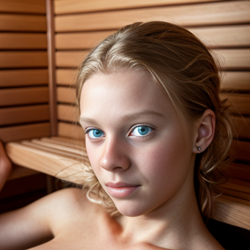 teen ,, , lifelike, portrait, highly detailed, , sharp focus, illustration, art by kittichai  and james gurney and alphonse mucha, ,  with curly blond hair and vibrant blue eyes, photorealistic, at her room, laying, sauna