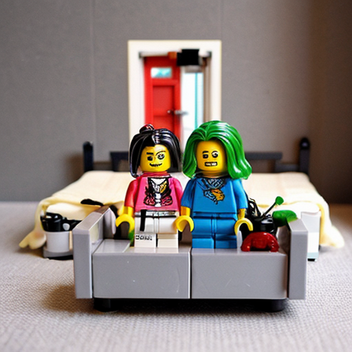 Pregnant Lego minifigures of Harley Quinn and poison ivy on a bed together 